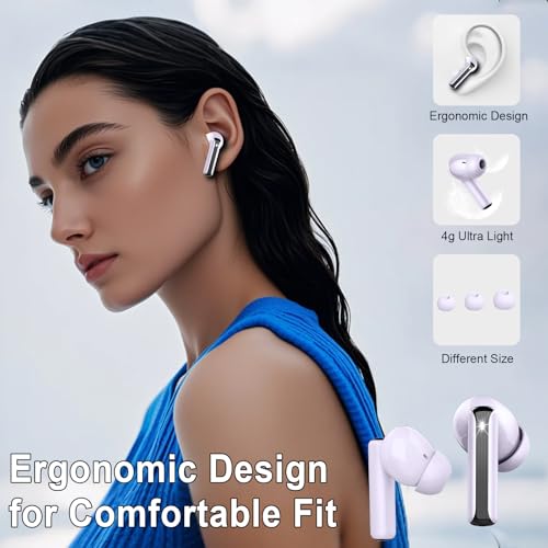 Image of Wireless Earbuds, Bluetooth 5.4 Headphones HiFi Stereo, Bluetooth Earbuds with 4 ENC Mics, 48H Playtime Wireless Ear Buds with LED Display, IP7 Waterproof Bluetooth Earphones Purple