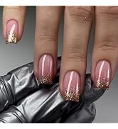 Gradient French Press on Short Square Fake Nails - Gold Glitter Glue on Full Cover Nude False Nai...