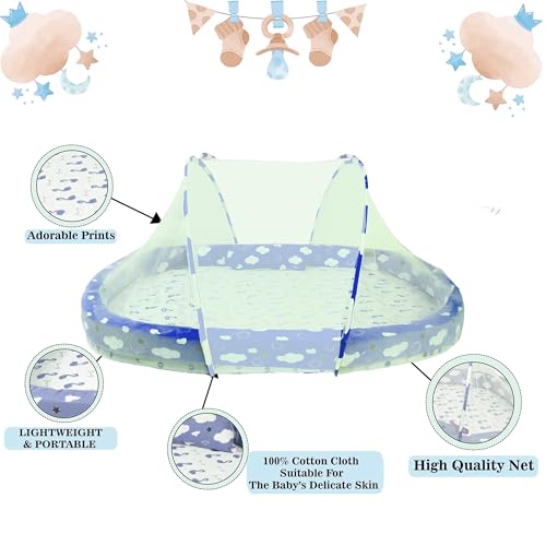Image of Toddylon Baby Bed Bedding Set for Newborns | Mattress | Mosquito Net | Cotton | Travel Bed | Essentials | 0-12 Months | Blue