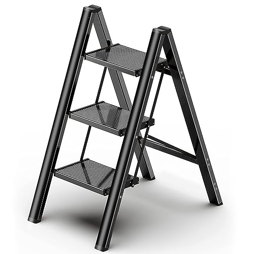 HISMOCAL 3 Step Ladder, Aluminum Folding Step Stool for Closet, Black