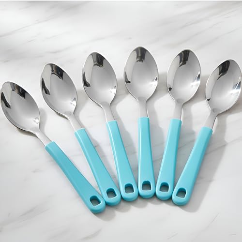 Image of Premium Stainless Steel Table Spoon Set of 6 | 15 cm Large Dinner Spoons, Mirror Finish | Flatware for Dining Table & Kitchen | Dishwasher Safe | Aqua Blue (Aqua Blue)