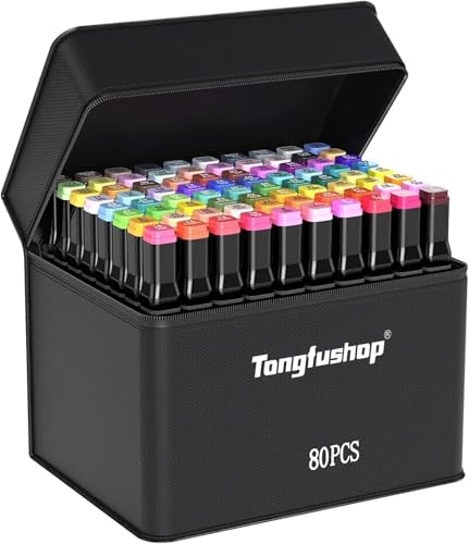 Tongfushop 80 Colored Marker Set, Colouring Pens for Adults, Dual Tip Art Alcohol Markers, Permanent Felt Tip Pens for Drawing, Sketching, Anime, Manga, Fun doodling with Carrying Case & Storage Base