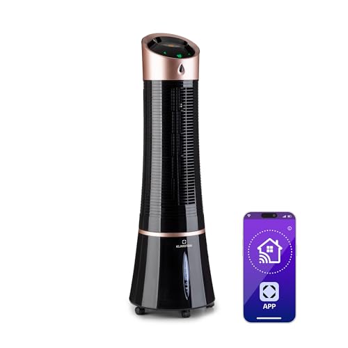 Klarstein 4- in- 1: Smart Luftkühler, Ventilator, Luftbefeuchter & Ionisation I 6 L Wassertank, Oszillation, 30 W, 210 m³/ h, Timer I Klimagerät ohne Abluftschlauch, Mobiles Klimagerät, Schwarz- Rosegold