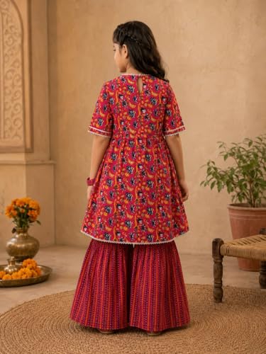 Image of superminis Baby Girl's Cotton Sanganeri /Floral Printed Frock Style Kurti With Printed Sharara Dress Clothing Set