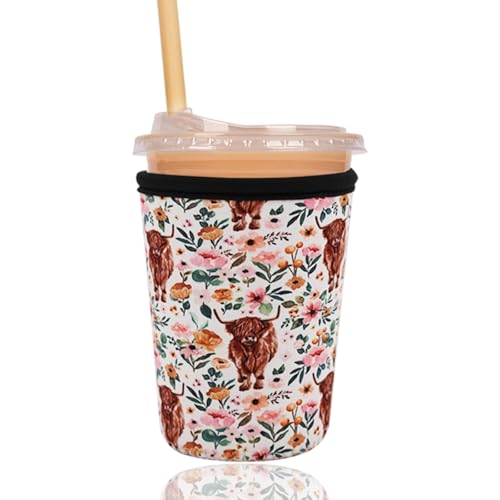 Image of Reusable Insulated Sleeve for Iced Coffee Cup, Coffee Neoprene Sleeve for Cold & Hot Drinks, Beverage Holder for Iced Coffee (Highland Bloom, Small: 16-18oz)