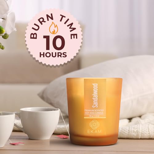 Image of EKAM Sandalwood Votive Soy Wax Scented Candle, 40 Grams, 10 Hours Burn Time| Long Lasting Premium Candles | Ideal for Home Decor | Gifting & Aromatherapy