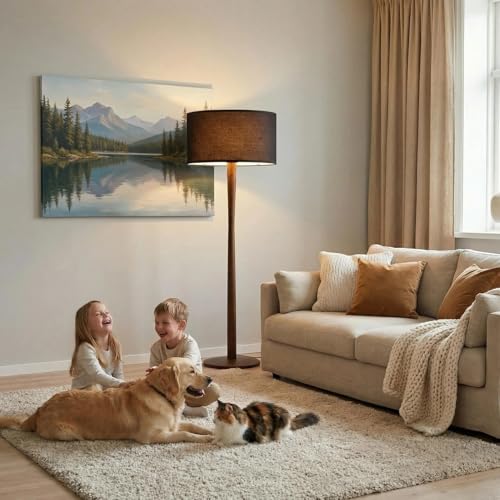 Image of 62 inch Tall Rustic Walnut Wood Floor Lamp with Large Linen Shade, Black