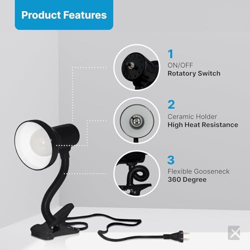 Image of Xtricity LED Clip on Desk Lamp with 360 Flexible Gooseneck (Black Finish) | Reading Light for Bed Headboard- A19 Bulb Included, 120V, On /Off Switch, 10.25 inch Height Table Lamp