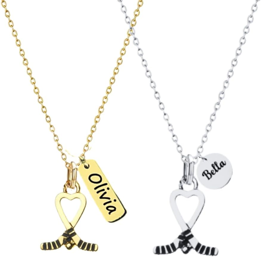 Personalized Hockey Necklace with Engraved Charm, Gold Hockey Jewelry, Hockey Gifts, Ice Hockey Charm Necklace, for Girl Hockey Players & Hockey Moms