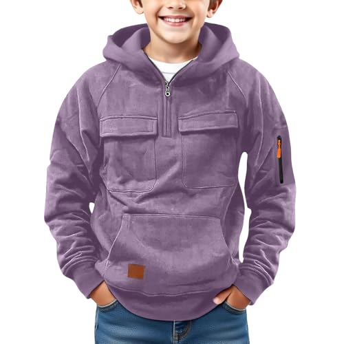 Fleece Half-zip Hoodie for Boys Hooded Sweatshirt with Multi Pocket Kids Boys Solid Color Hoodie for Fall Winter