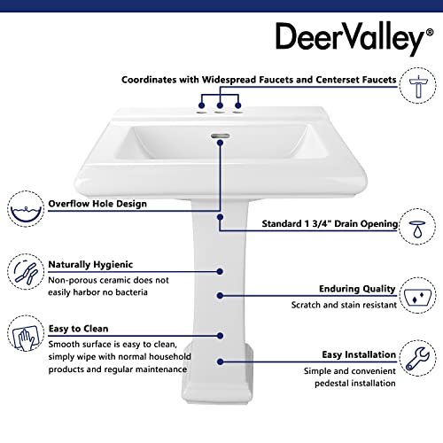 26"L X 20"W Rectangular Pedestal Sink, Deervalley Dv-1P521 Apex White Ceramic Pedestal Bathroom Sink With 3 Faucet Holes At 4" Faucet Centers, With Overflow #TOP4