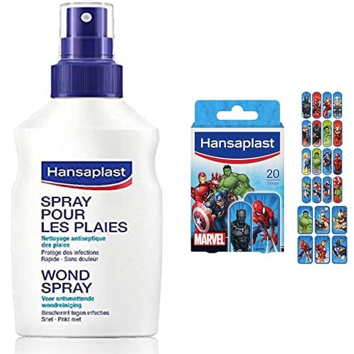 Lot HANSAPLAST Spray Antiseptique (1 x 100 ml), Spray nettoyant pour plaies superficielles, Désinfectant pour protéger les plaies + Pansements pour enfants Avengers (1 x 20 pces), Pansements colorés