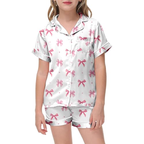𝗚irls Bow Pajamas Sets 2 Piece Silk Satin Pink Puff Cute Preppy Clothes Button Down Short Sleeve 𝗞ids Sleepwear Pjs Sets