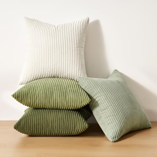 Image of Topfinel 20x20 Pillow Covers Set of 4 Mordern Nordic Green White Throw Pillow Cover Soft Corduroy Cushion Cases Spring Home Decor for Couch Bed Sofa Living Room Forest Green