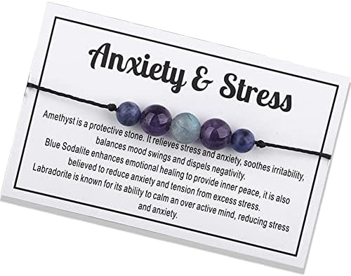 Ronglry Healing Crystal Bracelet for Women Men Spiritual Crystal Bead Bracelet Amethyst Tigers Eye Chakra Bracelets Anxiety Reiki Real Crystal Beads Healing Crystal Jewelry with Meaning Card anxiety