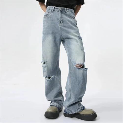 Men's Trendy Straight Jeans, Worn-Out Hole Design, Autumn Streetwear, American Wide Leg Denim2
