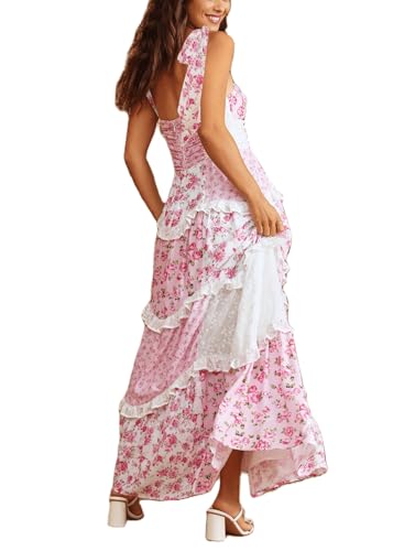 Image of SOOKABEILA Women Y2k Boho Maxi Dress Floral Lace Sheer Tiered Flowy Cami Long Dress 2025 Summer Smocked Beach Sundress
