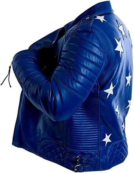 Men's Blue Faux Leather Jacket - Star Patches Classic Biker Jacket3