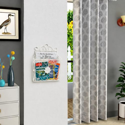 Image of Wall Mounted Hanging File & Magazine Holder - Metal Organizer for Newspapers, Documents & Office Storage | Decorative Rack for Home & Workspace 39x26x10 cm. (White)
