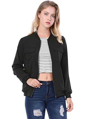 Allegra K Women's Zip Up Pocket Lightweight Casual Classic Bomber Jacket Black M (US 10)