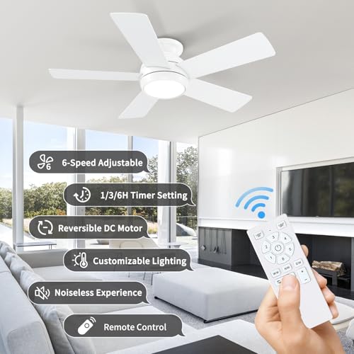 POCHFAN 42 Inch White Ceiling Fans with Lights and Remote, LED Low Profile Flush Mount Ceiling Fan for Bedroom, Living Room, Patio, Quiet DC Motor, 5 Blades thumbnail 3