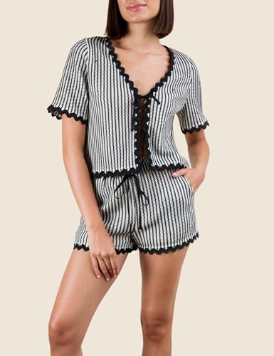 Esmeling Women Summer Striped 2 Piece Outfits V Neck Short Sleeve Knit Suit Tie Front Shorts Set with Pocket4