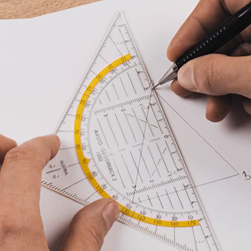 Aristo AR1552 Geodreieck (Hypotenuse 16 cm, Tuschenoppen, Facette an der Hypotenuse, Plexiglas mit Tiefenprägung, Made in Austria) transparent, 10 Stück
