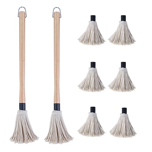 Donxote 18 Inch BBQ Mop Brush Set of 2, with 6 Extra Replacement Heads, Wooden Long Handle Cotton Head Mopping Basting Grill Sauce Perfect for Grilling Smoking Steak Marinade or Glazing