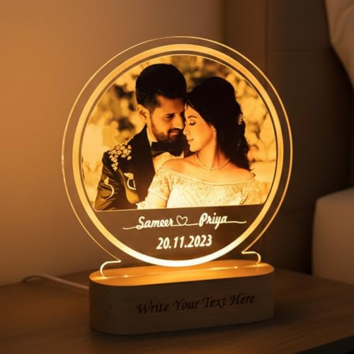 Image of Personalized Digital UV Printed 3D Illusion Photo LED Table Lamp for Couple Gift for Anniversary, Wedding, Marriage, Valentine Day- Your Wooden Base Text Egraved, Multicolor Light- 22CM