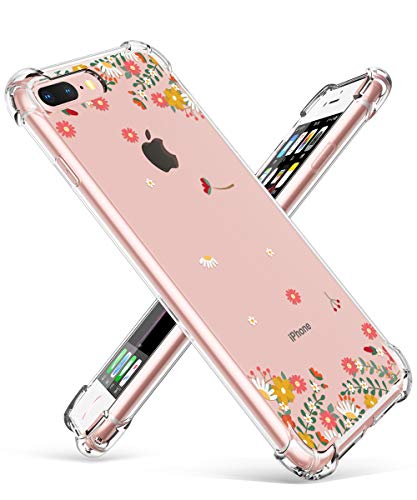 GVIEWIN Clear Case for iPhone 8 Plus/7 Plus, Flower Pattern Design Flexible TPU Ultra-Thin Shockproof Transparent Floral Cover, Cases for iPhone 7 Plus/8 Plus 5.5 Inch (Spring Flowers/Orange)