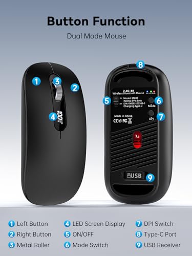Image of Wireless Bluetooth Mouse, LED Slim (Bluetooth 4.0 /5.0 + USB) 2.4GHz Rechargeable Silent Bluetooth Wireless Mouse with Type C Adapter for Laptop /MacBook /iPad OS 13 and Above(Black)