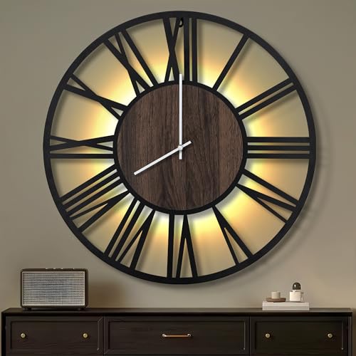 Maxstar Horloge Murale 80CM pour Salon sur Pile, Silencieuse, Style Bois Métal, LED Moderne Chambre/Bureau (Chiffres Romains, Noir-32)