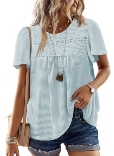 Falechay Plus Size Summer Outfits Tunic Ladies Blouses Light Blue XXXL