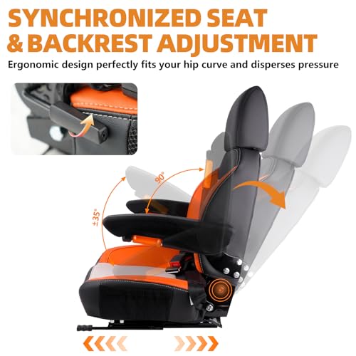 Image of Universal Orange Ergonomic Tractor Seat with Adjustable Backrest, Armrests & Safety Belt And Micro Switch- Replacement for Zero Turn Mowers, Forklifts, Skid Steers, Loader Telehandler Dozer Excavator