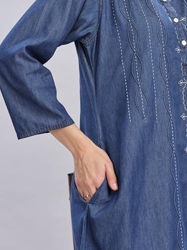 Image of 9shines Label Comfortable Cotton Denim Finish Nightdress for Women with Button Placket and Pocket(9SDLSS)