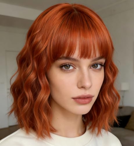 Elfairy Black Wig with Bangs Wig for Women 12in Short Bob Wavy Curly Wig Natural Black Hair Wigs Heat Resistant Hair Replacement Wigs(12'' Natural Black 1B)