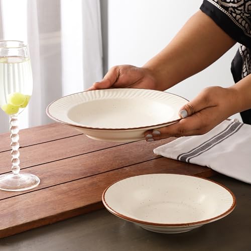 Image of miah decor Off-White Ceramic Pasta Bowls Set of 2 (Large & Medium) with Brown Rim | Stackable, Microwave & Dishwasher Safe | Stoneware Serving Bowls for Pasta, Salad, Soup, Ramen (Style 11)