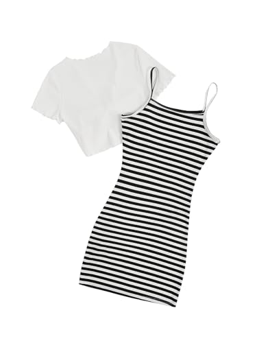 Image of OYOANGLE Girl's Striped Print Cami Dresses and Short Sleeve Knot Tie Front Top Sets 2 Pieces Outfits