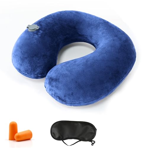 Kzouenzu Almohada De Viaje Hinchable, Inflable Cojin Cervical Viaje, Ultraligero Y Compacta, para Relajarse En Oficina, Avión, Coche, Tren [Azul]