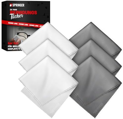 SPRINGER ZX7000 6er Set Brillenputztücher 25 x 25 cm | 100% fusselfreie Mikrofaser-Reinigungstücher | streifen- & kratzfrei | für Brillen, Displays & Objektive