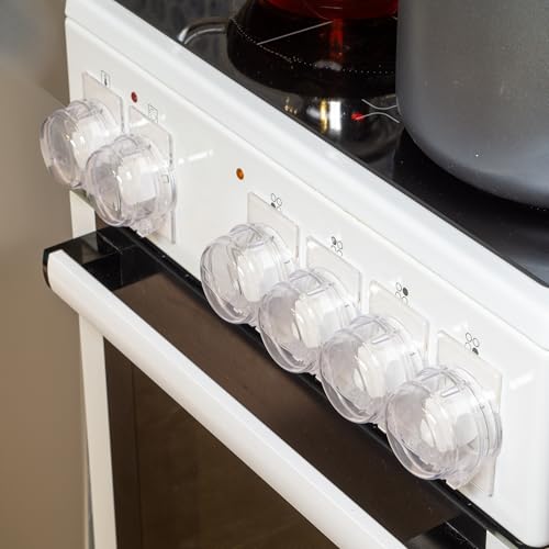 Herdknopf Kindersicherung, für 6 Knöpfe, Montage ohne Knopf Demontage, für max. Ø 4,9 cm und 4 cm hohe Herdknöpfe mit min. 6,1 cm Abstand Mitte-Mitte, transparenter Kleber, Herdschutz Baby Sicherung