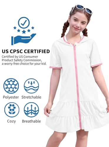 Image of BesserBay Girls Summer Beach Quick Dry Cover Up Ruffle Hem Terry Smocked Hooded 4-14 Years with Pockets