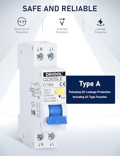 DIHOOL FI/LS Schutzschalter 16A 30mA 0.03 2-polig RCBO C16A Fehlerstromschutzschalter mit 18mm Breite | Bidirektionaler Anschluss FI LS Schalter