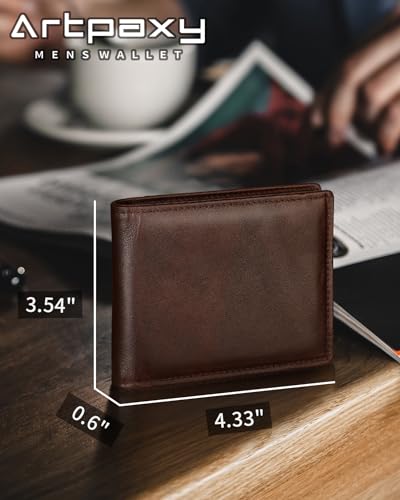 Image of Artpaxy Mens Wallet Bifold Genuine Leather RFID Blocking Wallet for Men with 2 ID Windows 11 Card Holders 2 cash pockets 1 Gift Box