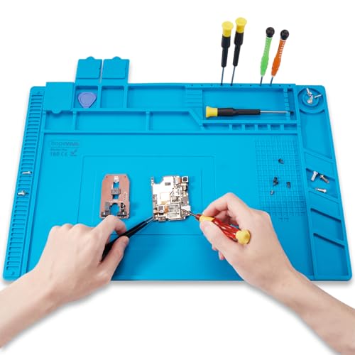 Hopeviva Esterilla de soldadura de silicona, resistente al calor hasta 500 °C (932 °F), 45 x 30 cm (17,3 x 11,8 pulgadas), gran alfombrilla de silicona con escala, estera antiestática para estación de