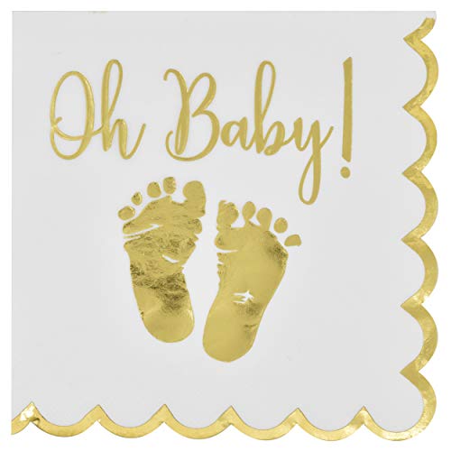 100 Baby Shower Napkin Oh Baby Luncheon Napkins with Scalloped Edge 3-Ply Gold Feet Footprints on White Paper Napkin for Boy & Girl Gender Reveal Party Supplies Decoration Accessories by Gift Boutique