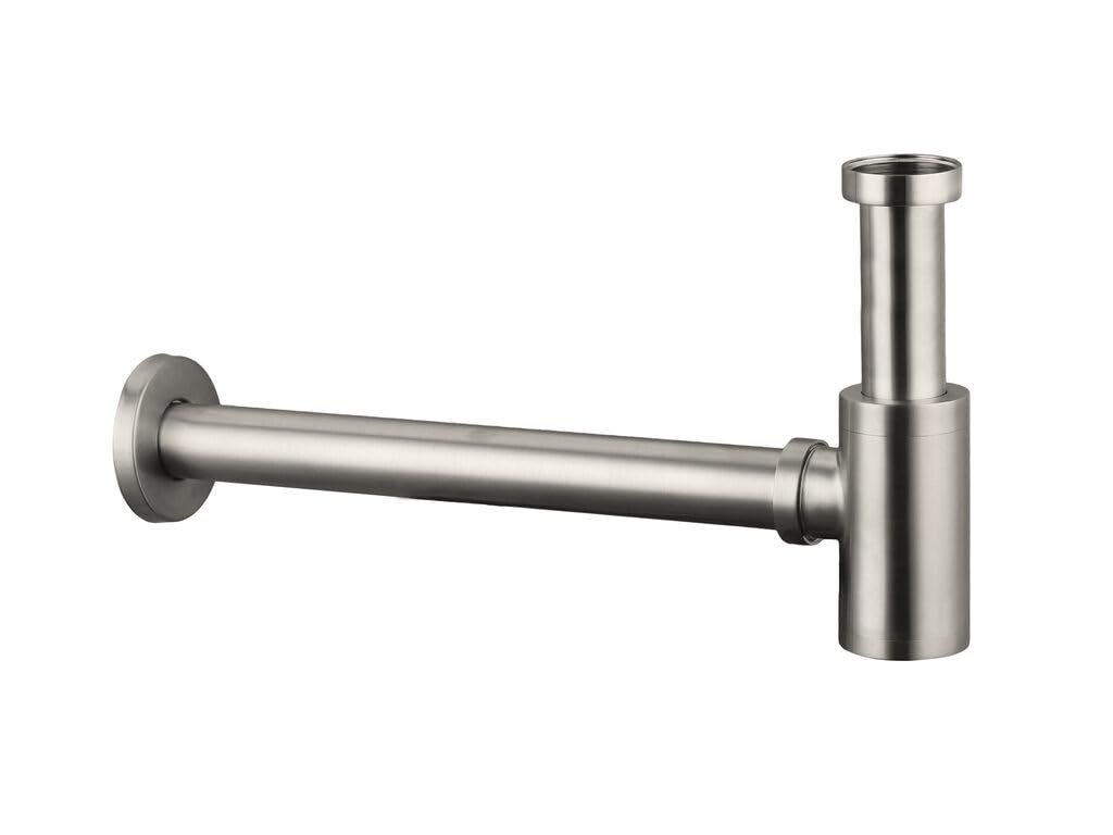 GME Sifón Botella Lavabo G1 1/4" Ø32 mm | Salida 330 mm | Diseño Decorativo Metálico | Acabado Níquel | Instalación Universal