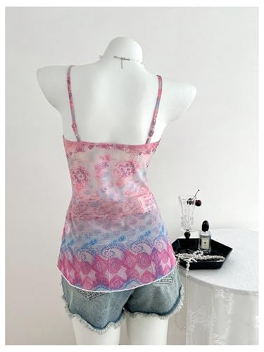 Verdusa Women's Y2k Mesh Tank Top Babydoll Camisole Floral Spaghetti Strap Ruffle Going Out Tops2