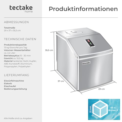 Foto von TecTake Profi Eiswürfelmaschine, Eiswürfelbereiter für klare Eiswürfel, Ice Cube Maker, 13 Kg 24 h, 2,2 Liter Wassertank, 24 Eiswürfel pro Zyklus, inkl. Eiseimer und Eisschaufel - Silber