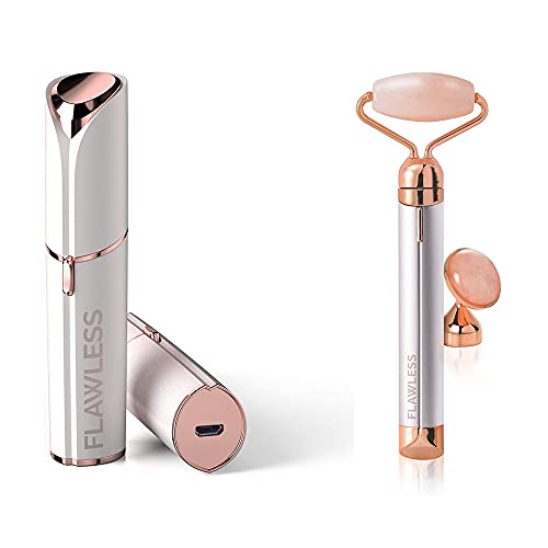 Finishing Touch Flawless wiederaufladbarer Gesichtshaarentferner und Contour Rosenquarz Gesichtsroller mit Augensteinaufsatz - inkl. Batterie und 2 Ersatzscherköpfen Cover